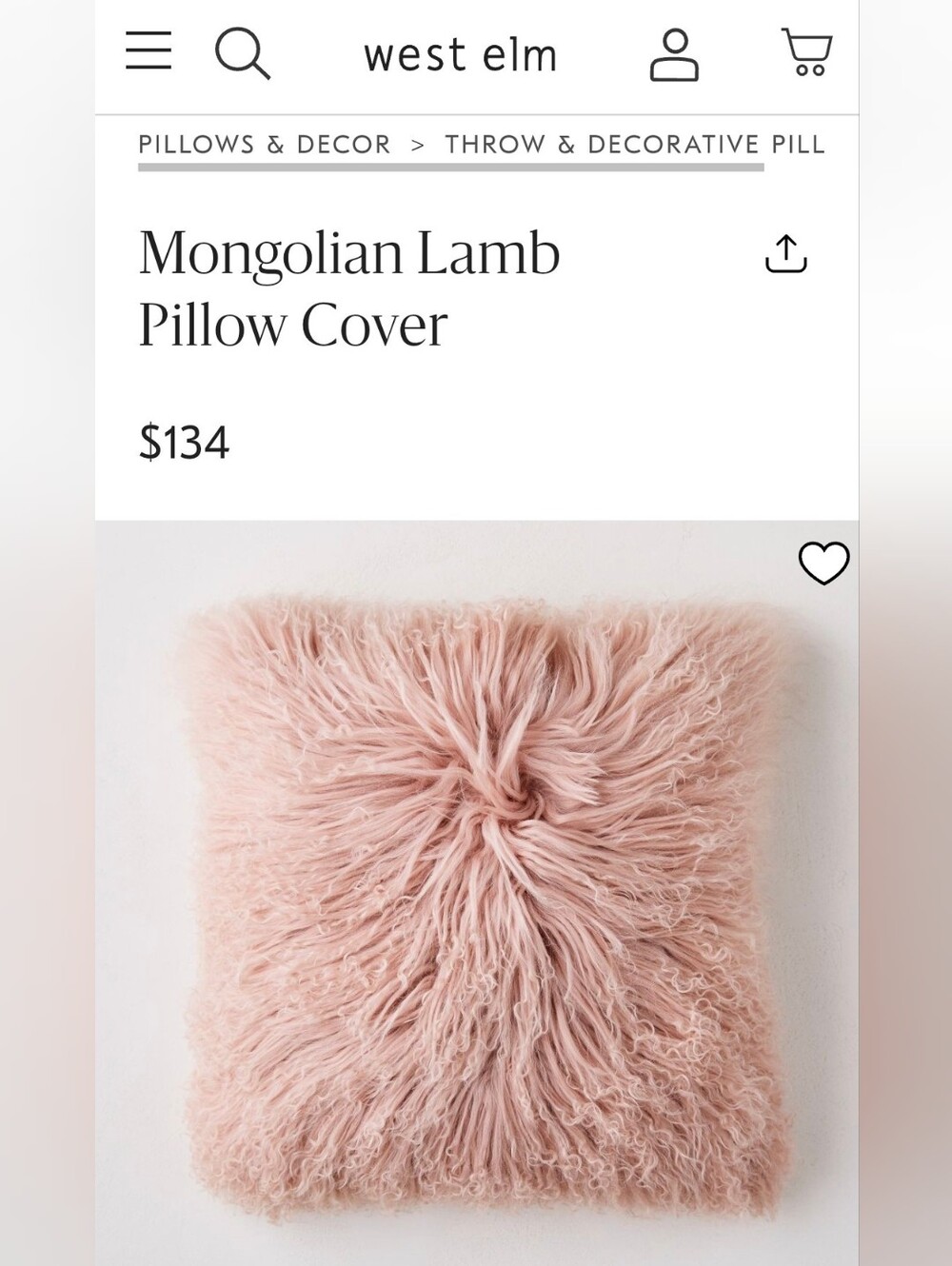 WEST ELM Mongolian lamb pillow cover
